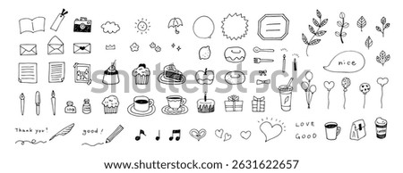 Set of handwritten decorative illustrations for notebooks and diaries. Cute doodle clip art of cafe cakes, muffins, letters, notes, camera, ink, balloons, gifts, coffee, stationery and more.
