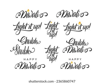 Set of handwritten Diwali lettering. Calligraphic text for Diwali holidays. Vector illustration.
