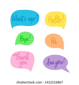 Set of hand-written doodle lettering words and phrases. What's up, hello, bye, hi, thank you, see you