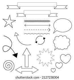 A set of handwritten doodles. Vector templates for doodles, notes in a notebook. Arrows, bubbles, lines. Vector line illustration. 