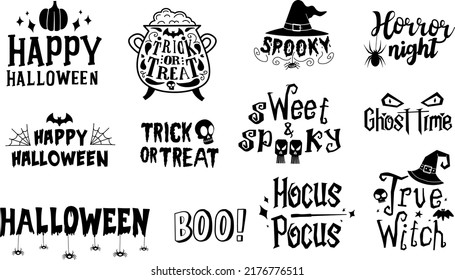 Set of handwritten Halloween phrases. Handwritten halloween text, trick or treat and happy helloween. Vector halloween illustration.

