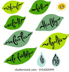 A set of handwritten inscriptions for healthy food or other products placed on spring green leaves and water drops suitable for labels or menu design
