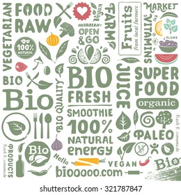 Set of handwritten labels and icons for organic, bio, natural, vegan, food. 