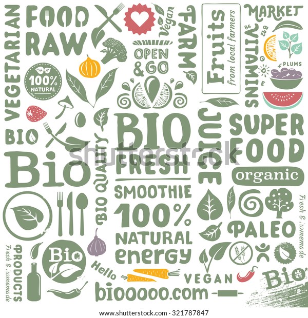 Set of handwritten labels and icons for organic, bio, natural, vegan, food. 