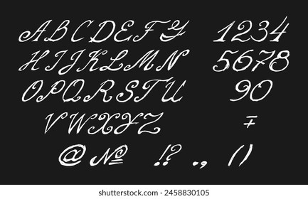 Set of handwritten large English letters, numbers and punctuation marks. White squiggles on a black background. Collection of vector images