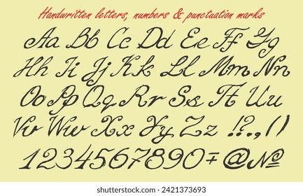 Set of handwritten large and small English letters, numbers and punctuation marks. Collection of vector images