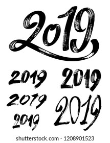 Set of Handwritten lettering of 2019. Happy New Year. Chines calligraphy. Freehand drawing. Vector illustration. Isolated on white background.