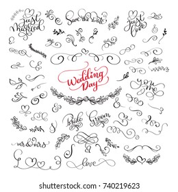 set of handwritten lettering calligraphy positive quotes about love and wedding and valentines day. romantic design, brush modern vector illustration