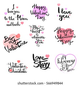 Set of handwritten lettering. Happy Valentine's Day, I love you to the Moon and back. 14 february. Pink hearts shape. Isolated on white background. 