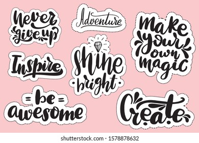 Set of handwritten lettering labels. Stickers with hand drawn typography inscriptions. Great vector stock calligraphy illustrations for handmade and scrapbooking, diaries, cards, badges, social media.