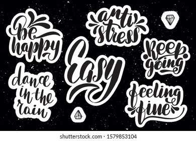 Set of handwritten lettering labels. Stickers with hand drawn typography inscriptions. Great vector stock calligraphy illustrations for handmade and scrapbooking, diaries, cards, badges, social media.