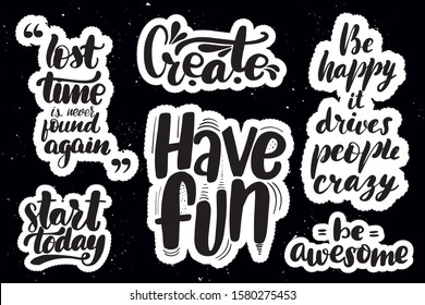Set of handwritten lettering labels. Stickers with hand drawn typography inscriptions. Great vector stock calligraphy illustrations for handmade and scrapbooking, diaries, cards, badges, social media.