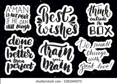 Set of handwritten lettering labels. Stickers with hand drawn typography inscriptions. Great vector stock calligraphy illustrations for handmade and scrapbooking, diaries, cards, badges, social media.