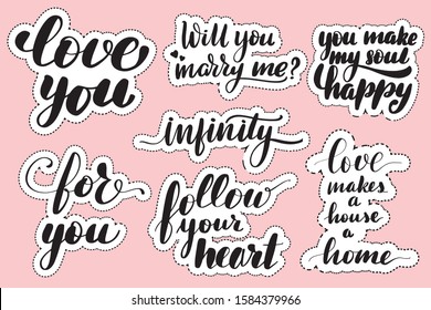 Set of handwritten lettering labels. Stickers with hand drawn typography inscriptions. Great vector stock calligraphy illustrations for handmade and scrapbooking, diaries, cards, badges, social media.