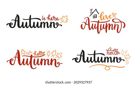 Set of handwritten lettering phrases for Autumn season. Vector typography compositions with leaves isolated on white background. Fall quotes for social media, postcard, web banner or print. 