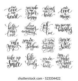 set of handwritten lettering positive quote about love to valentines day, wedding typography, photo album or romantic design, brush modern calligraphy vector illustration