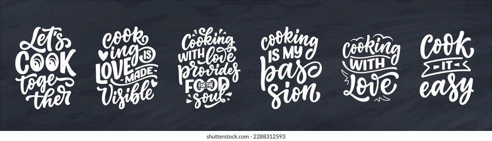 Set with Handwritten lettering quotes about kitchen and cooking. Hand drawn unique typography design element for greeting cards, decoration, prints and posters.