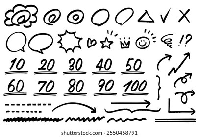 A set of handwritten marks, flower circles, arrows, etc. for marking tests (black)