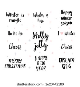 Set of handwritten Merry Christmas and Happy New Year lettering, wishes, sayings. Calligraphy for design greeting cards or invitations. Vector illustration