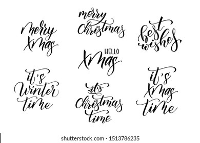 Set of handwritten modern brush calligraphy for Christmas cards isolated on white background. Vector illustration.