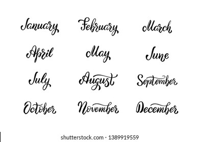 Set of handwritten names of months December, January, February, March, April, May, June, July, August, September, October, November. Modern Calligraphy. Lettering words for calendars and organizers.