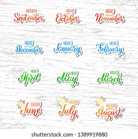 Set of handwritten names of months December, January, February, March, April, May, June, July, August, September, October, November. Modern Calligraphy. Lettering words for calendars and organizers.