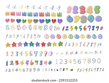 Set of handwritten numbers from 1 to 10. Vector illustration. colorful text on a white background. Chinese characters translations are 1,2,3,4,5,6,7,8,9,10.
