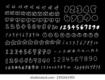 Set of handwritten numbers from 1 to 10. Vector illustration. White text on a black background. Chinese characters translations are 1,2,3,4,5,6,7,8,9,10.