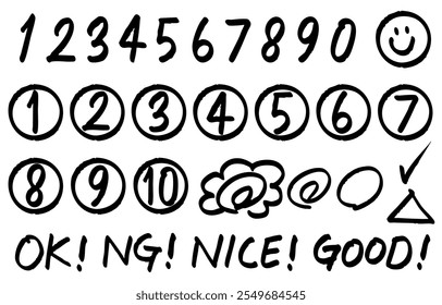 Set of handwritten numbers, flower circles, and English words (black)