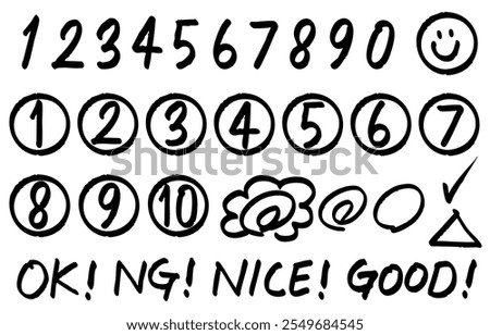 Set of handwritten numbers, flower circles, and English words (black)