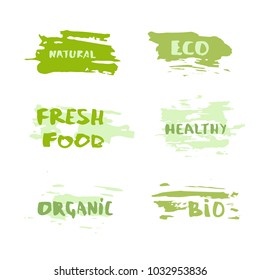 Set of handwritten organic doddle lettering. Fresh Food, Eco, Bio, Organic, Healthy, Natural. Element for graphic design - poster, flyer, card, tag, badge. Vector badges.