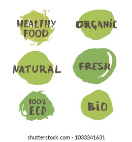 Set of handwritten organic vector badges. Fresh, 100% Eco, Bio, Organic, Healthy Food, Natural lettering. Hand drawn logo templates. Element for graphic design - banner, poster, flyer, tag, menu.