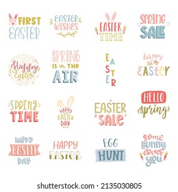 A set of handwritten phrases and quotes on the theme of Easter, Spring. Hand lettering for the design of greeting cards, social media, gift tags. Pastel colored vector illustration isolated on white