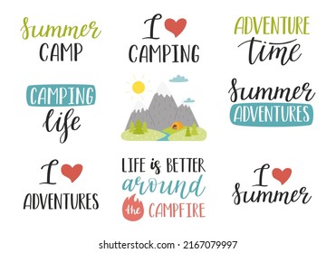 A set of handwritten phrases for summer, vacation, tourism, hiking, adventure, camping. Hand lettering and mountain landscape. Text element for cards, posters. Color flat vector illustration on white