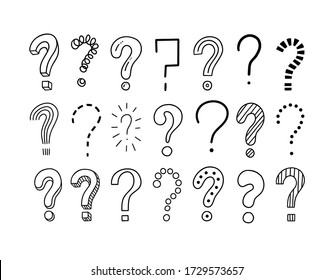 Set of handwritten question marks. Doodle, sketch style. Doodle pictures isolate on white. Vector illustration on white background. Symbols of problem, trouble, confusion. Metaphor question and answer