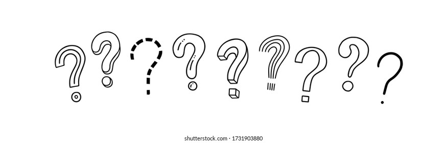 Conjunto de signos de interrogación escritos a mano. Doodle, estilo de esbozo. Las imágenes de Doodle se aíslan en blanco. Ilustración vectorial sobre fondo blanco. Símbolos de problemas, problemas, confusión. Banner horizontal.