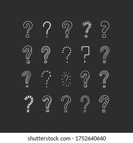 Conjunto de signos de interrogación escritos a mano. Doodle, estilo de esbozo. Fotos de garabatos aisladas. Ilustración vectorial sobre fondo negro. Símbolos de problemas, problemas, confusión. Pregunta y respuesta metáfora