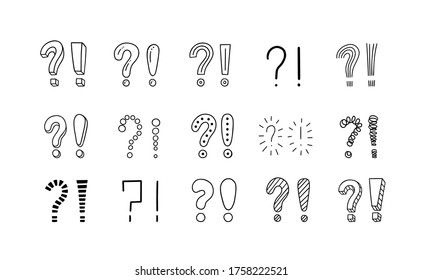 Set of handwritten question marks and exclamation point. Doodle, sketch style. Doodle pictures isolate on white. Vector illustration on white background. Symbols of problem, trouble, confusion.