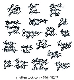 Set of handwritten sale inscriptions. Vector hand lettering. Modern brush calligraphy isolated on white.