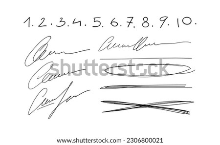 A set of handwritten scribbles and numbers, signature, strikethrough blots, mistakes. Hand drawn set of pen lines and design elements, vector illustration isolated on white background.