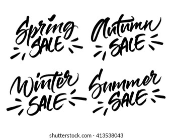 Set of handwritten season sale inscriptions. Winter, spring, summer and autumn sale vector hand lettering. Modern brush calligraphy isolated on white background.