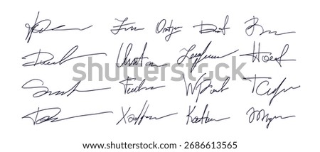 Set handwritten signature. Vector doodle line, ink pen. Different fake abstract autograph isolated in white background. Scribbles elements for documents sign