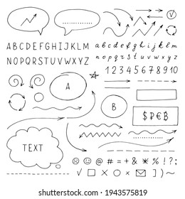 Set of handwritten signs. Vector isolated elements. Black letters, arrows, numbers on white background. Thin line drawing