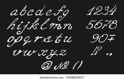 Set of handwritten small English letters, numbers and punctuation marks. White squiggles on a black background. Collection of vector images