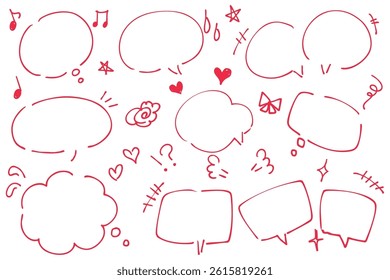 Set of handwritten speech bubbles and symbols in red color.