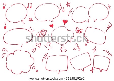 Set of handwritten speech bubbles and symbols in red color.