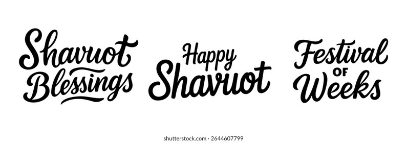 Set of handwritten stylish letterings on a white background with congratulations on Shavuot for holiday cards, banners and scrapbooking