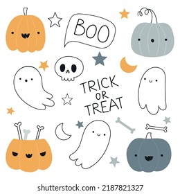 set with handwritten text and cute halloween symbols ghosts, pumpkins, skull and stars.