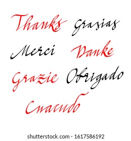 A set of hand-written "thank You" calligraphy inscriptions in different languages of the world. For postcards, banners, posters, and social media. vector