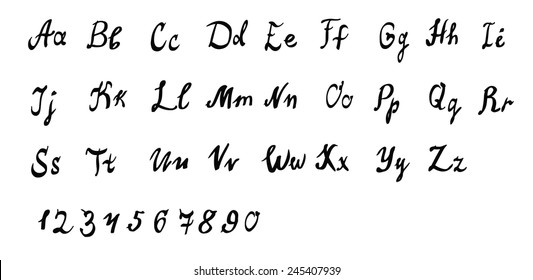 Set of the handwritten vector alphabet letters with numerals. 